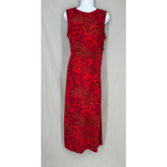 90s Vintage Dress Womens Large Red Maxi Black Brown Animal Print Grunge Artsy - Picture 1 of 8